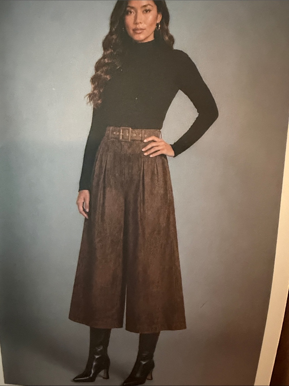 High-Waist Brown Wide-Leg Skirt with Belt